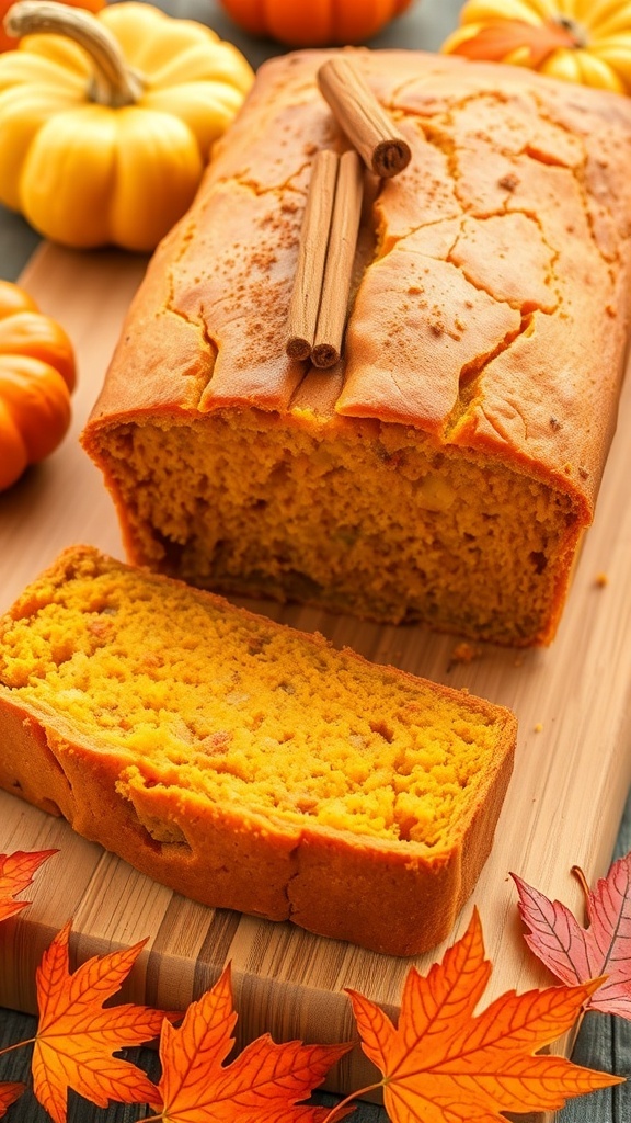 A loaf of moist pumpkin bread sliced on a cutting board, surrounded by decorative pumpkins and autumn leaves.